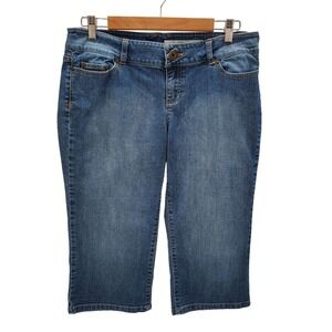 DKNY Jeans Womens 10 Blue Denim Capri Pants Mid Rise Stretch Casual‎ Embroidered